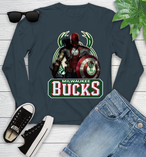 Milwaukee Bucks NBA Basketball Captain America Thor Spider Man Hawkeye Avengers Youth Long Sleeve 8