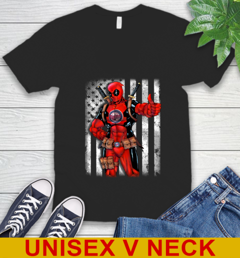 MLB Baseball Minnesota Twins Deadpool American Flag Shirt V-Neck T-Shirt