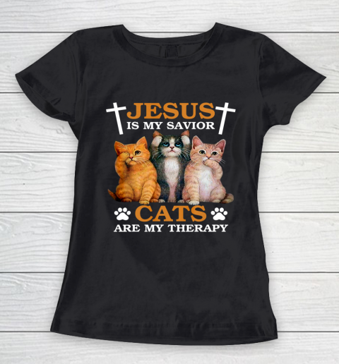 Jesus is My Savior Cat are My Therapy Christians Cat Lover Women's T-Shirt