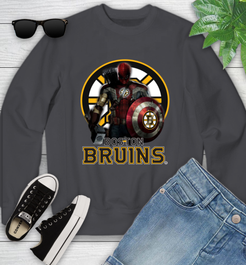 NHL Captain America Thor Spider Man Hawkeye Avengers Endgame Hockey Boston Bruins Youth Sweatshirt 6