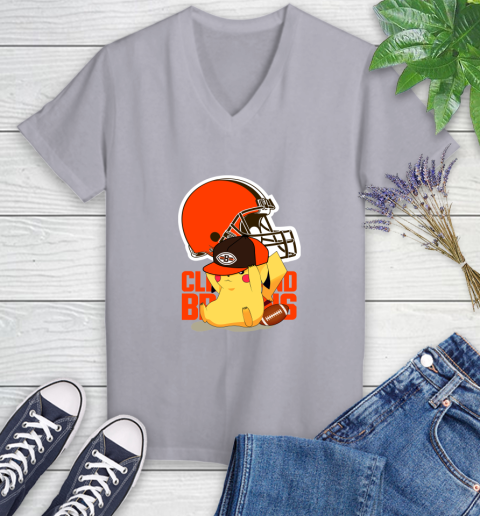 NFL Pikachu Football Sports Cleveland Browns Women's V-Neck T-Shirt 4