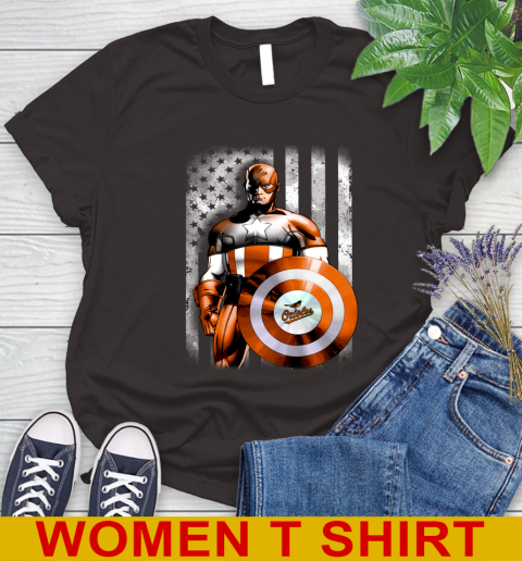 Baltimore Orioles MLB Baseball Captain America Marvel Avengers American Flag Shirt Women's T-Shirt 9