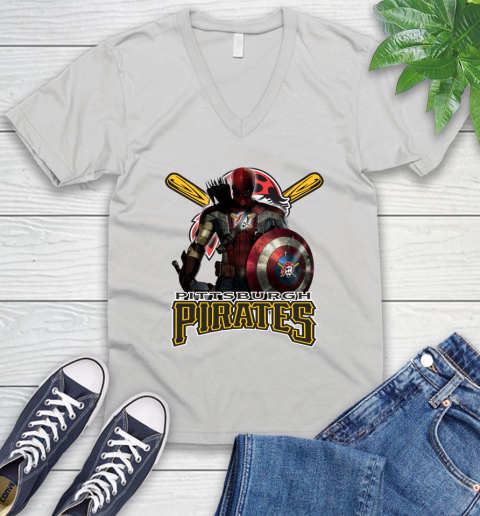 MLB Captain America Thor Spider Man Hawkeye Avengers Endgame Baseball Pittsburgh Pirates V-Neck T-Shirt