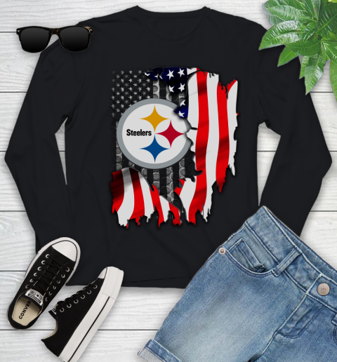 Pittsburgh Steelers NFL Football American Flag Youth Long Sleeve