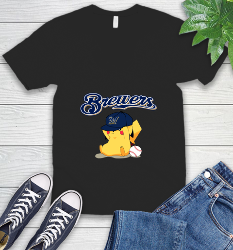 MLB Pikachu Baseball Sports Milwaukee Brewers V-Neck T-Shirt 2