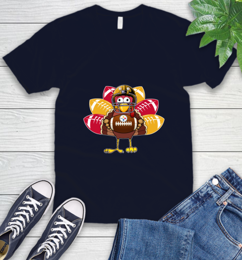 Pittsburgh Steelers Turkey Thanksgiving Day V-Neck T-Shirt 3