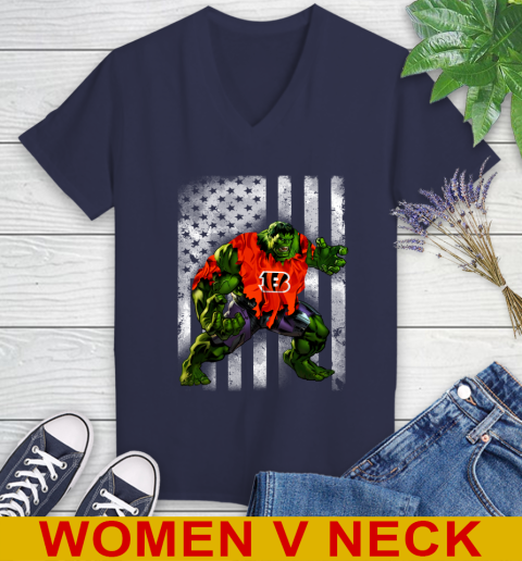 Cincinnati Bengals Hulk Marvel Avengers NFL Football American Flag Women's V-Neck T-Shirt 12