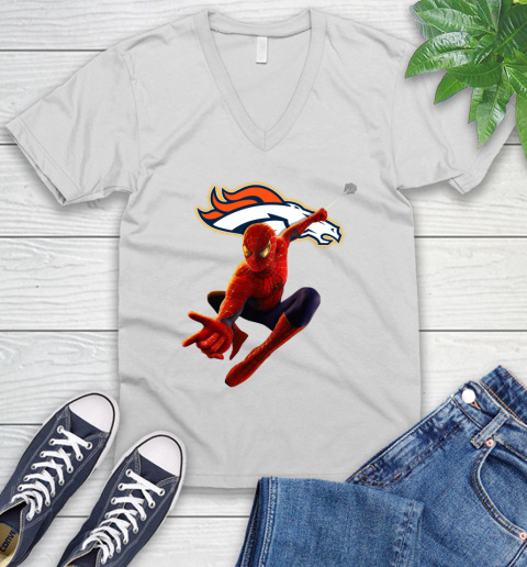 NFL Spider Man Avengers Endgame Football Denver Broncos V-Neck T-Shirt