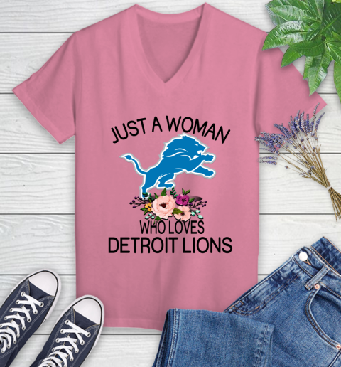 NFL Just A Woman Who Loves Detroit Lions Football Sports Women's V-Neck T-Shirt 8