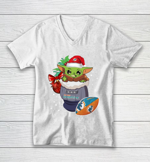 Miami Dolphins Christmas Baby Yoda Star Wars Funny Happy NFL V-Neck T-Shirt 2