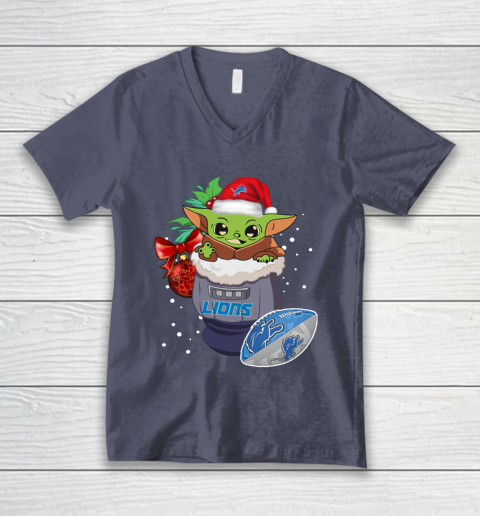 Detroit Lions Christmas Baby Yoda Star Wars Funny Happy NFL V-Neck T-Shirt 8