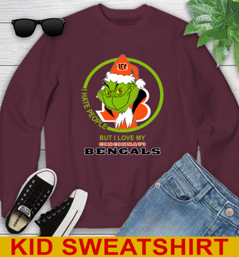 Cincinnati Bengals NFL Christmas Grinch I Hate People But I Love My Favorite Football Team Youth Sweatshirt 5