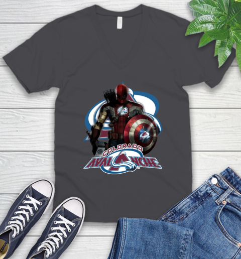 NHL Captain America Thor Spider Man Hawkeye Avengers Endgame Hockey Colorado Avalanche V-Neck T-Shirt 5