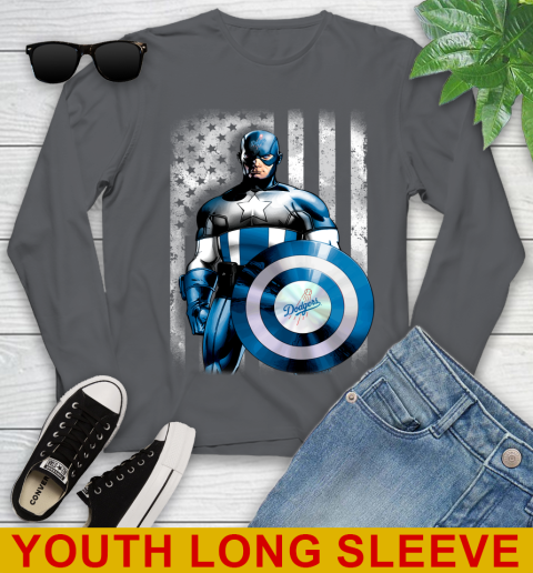 Los Angeles Dodgers MLB Baseball Captain America Marvel Avengers American Flag Shirt Youth Long Sleeve 9