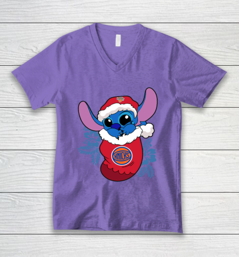 New York Knicks Christmas Stitch In The Sock Funny Disney NBA V-Neck T-Shirt 9