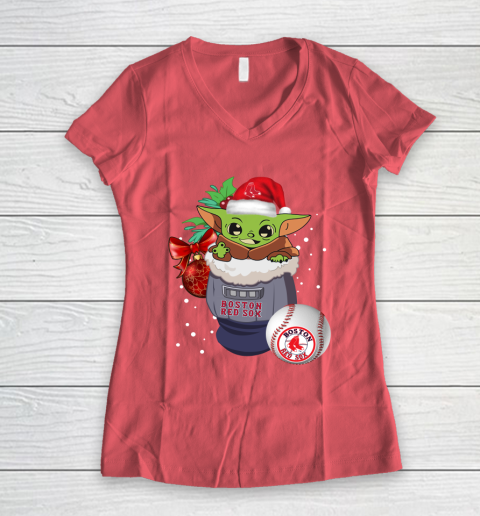 Boston Red Sox Christmas Baby Yoda Star Wars Funny Happy MLB Women's V-Neck T-Shirt 6