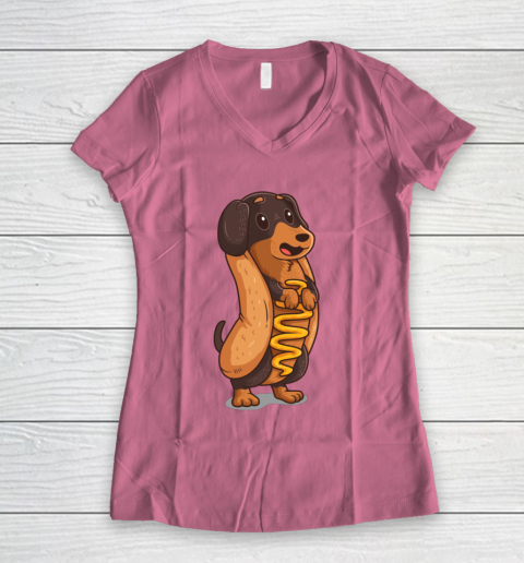 Wiener Dog Hotdog Bun Dachshund Funny Foodie Gift Hot Dog Women's V-Neck T-Shirt 7