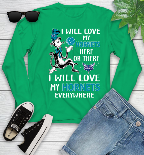 NBA Basketball Charlotte Hornets I Will Love My Hornets Everywhere Dr Seuss Shirt Youth Long Sleeve 6
