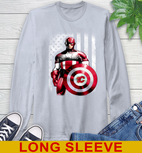Calgary Flames NHL Hockey Captain America Marvel Avengers American Flag Shirt Long Sleeve T-Shirt 6
