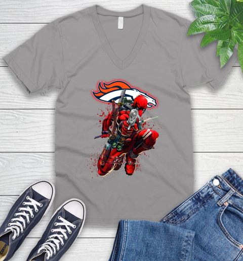 NFL Deadpool Marvel Comics Sports Football Denver Broncos V-Neck T-Shirt 4