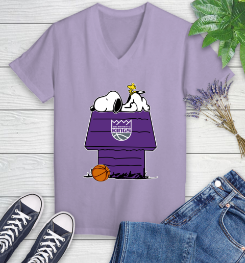 Sacramento Kings NBA Basketball Snoopy Woodstock The Peanuts Movie Women's V-Neck T-Shirt 14