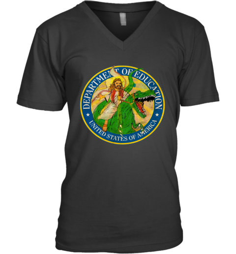 qgjn department of education badass jesus riding a dinosaur shirts v neck unisex 8 front black
