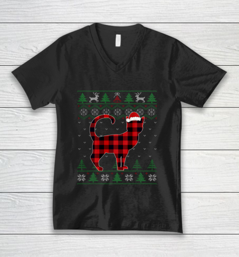 Plaid Cat Ugly Christmas Sweater Pajama Matching Family Gift V-Neck T-Shirt