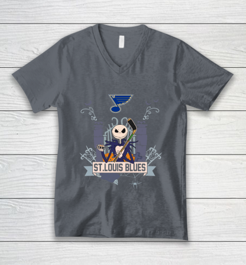 NHL St.Louis Blues Hockey Jack Skellington Halloween V-Neck T-Shirt 4