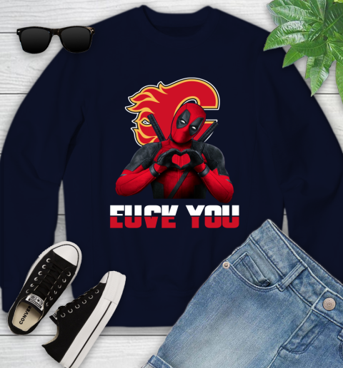 NHL Calgary Flames Deadpool Love You Fuck You Hockey Sports Youth Sweatshirt 2
