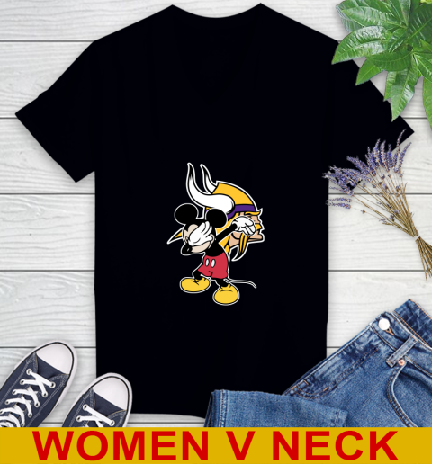 Minnesota Vikings NFL Football Dabbing Mickey Disney Sports Women's V-Neck T-Shirt 2