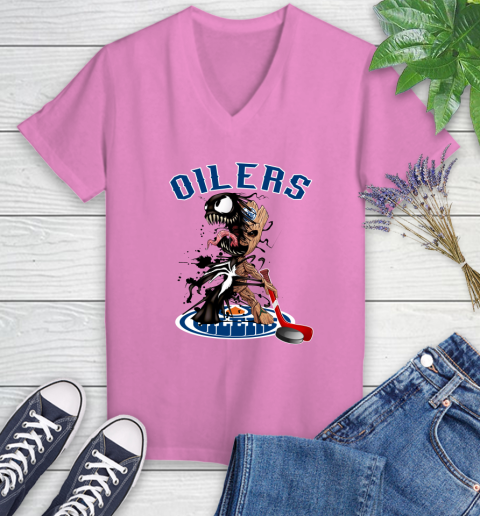 NHL Edmonton Oilers Hockey Venom Groot Guardians Of The Galaxy Women's V-Neck T-Shirt 14