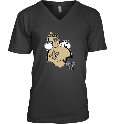 Snoopy And Woodstock Resting On New Orleans Saints Helmet V-Neck T-Shirt
