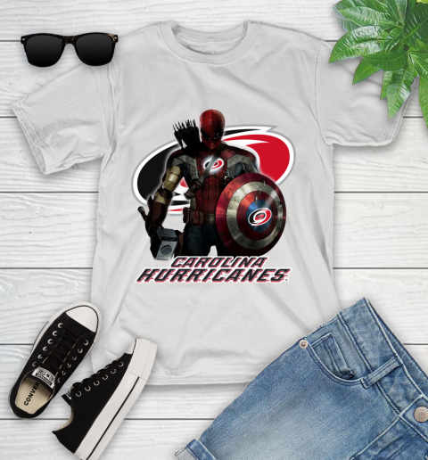 NHL Captain America Thor Spider Man Hawkeye Avengers Endgame Hockey Carolina Hurricanes Youth T-Shirt