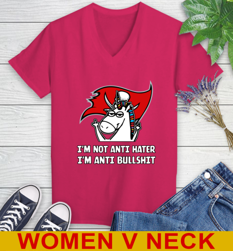 Tampa Bay Buccaneers NFL Football Unicorn I'm Not Anti Hater I'm Anti Bullshit Women's V-Neck T-Shirt 10
