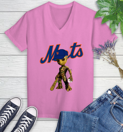 MLB New York Mets Groot Guardians Of The Galaxy Baseball Women's V-Neck T-Shirt 14