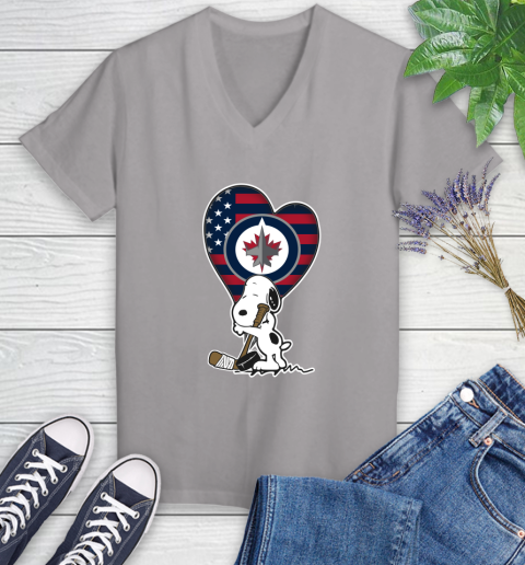 Winnipeg Jets NHL Hockey The Peanuts Movie Adorable Snoopy Women's V-Neck T-Shirt 4