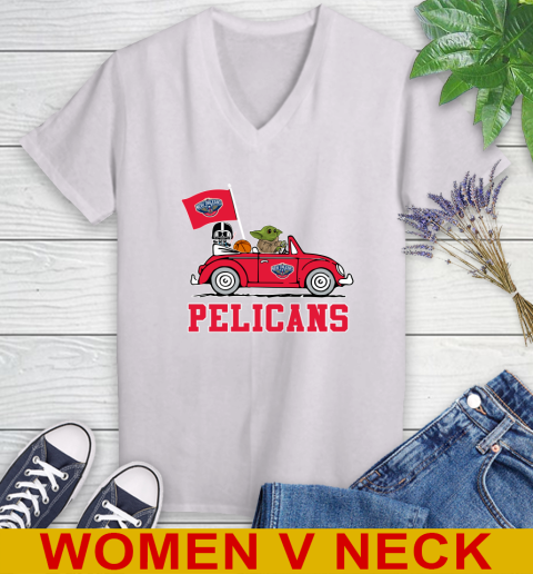 NBA Basketball New Orleans Pelicans Darth Vader Baby Yoda Driving Star Wars Shirt Women's V-Neck T-Shirt