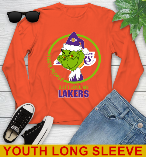 Los Angeles Lakers NBA Christmas Grinch I Hate People But I Love My Favorite Basketball Team Youth Long Sleeve 4