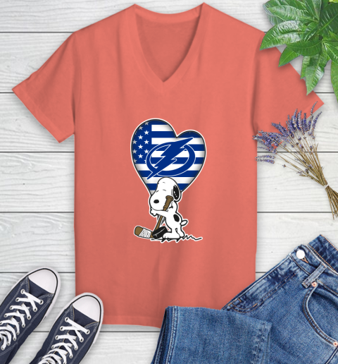 Tampa Bay Lightning NHL Hockey The Peanuts Movie Adorable Snoopy Women's V-Neck T-Shirt 6