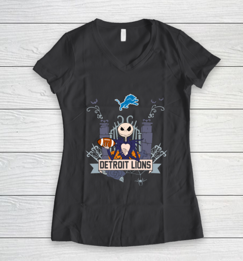 NFL Detroit Lions Football Jack Skellington Halloween Women's V-Neck T-Shirt 6