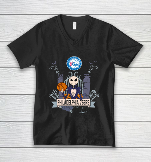NBA Philadelphia 76ers Basketball Jack Skellington Halloween V-Neck T-Shirt