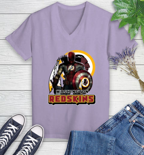 NFL Captain America Thor Spider Man Hawkeye Avengers Endgame Football Washington Redskins Women's V-Neck T-Shirt 14