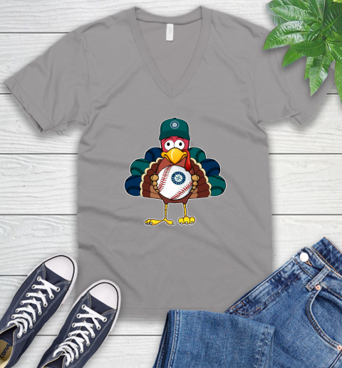 Seattle Mariners Turkey thanksgiving V-Neck T-Shirt 4