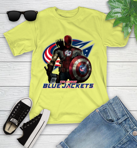 NHL Captain America Thor Spider Man Hawkeye Avengers Endgame Hockey Columbus Blue Jackets Youth T-Shirt 8