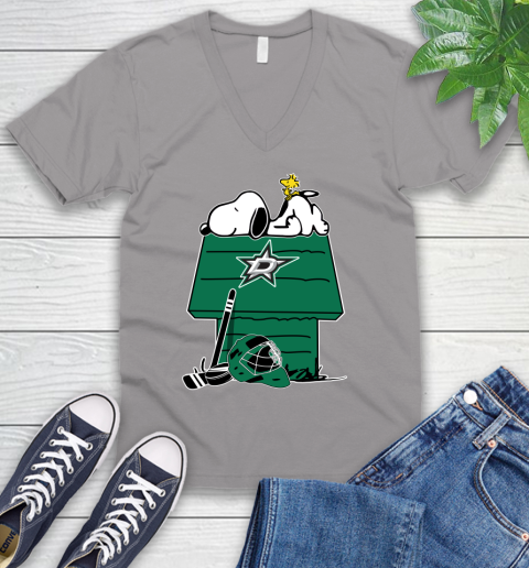 Dallas Stars NHL Hockey Snoopy Woodstock The Peanuts Movie V-Neck T-Shirt 4