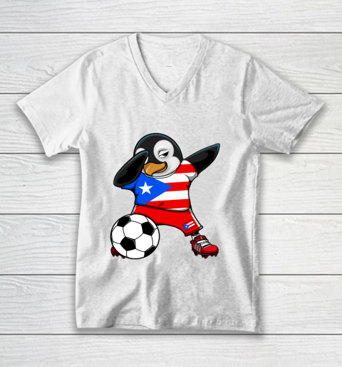 Dabbing Penguin Puerto Rico Soccer Fan Jersey Football Lover V-Neck T-Shirt
