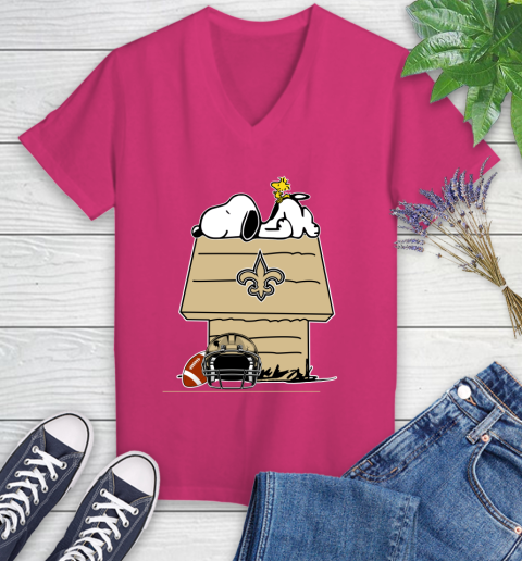 New Orleans Saints NFL Football Snoopy Woodstock The Peanuts Movie Women's V-Neck T-Shirt 9