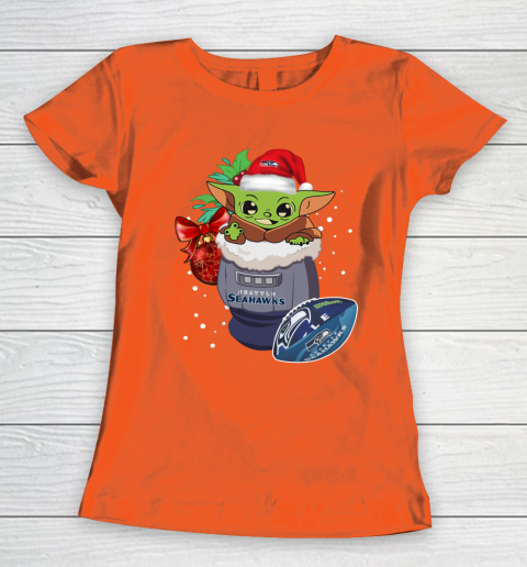 Seattle Seahawks Christmas Baby Yoda Star Wars Funny Happy NFL Women's T-Shirt 5