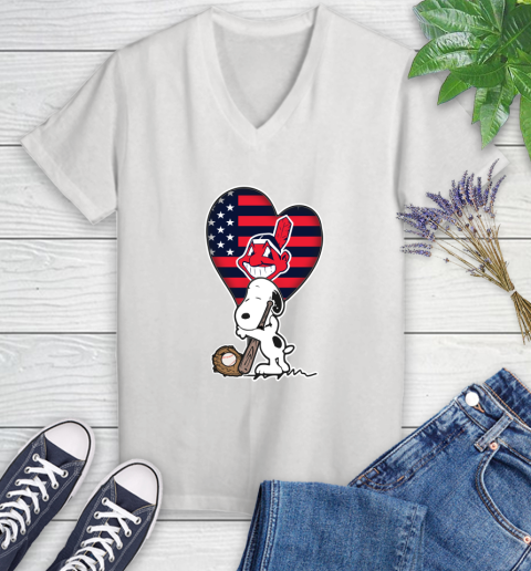 Cleveland Indians MLB Baseball The Peanuts Movie Adorable Snoopy Women's V-Neck T-Shirt
