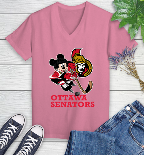 NHL Ottawa Senators Mickey Mouse Disney Hockey T Shirt Women's V-Neck T-Shirt 13